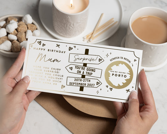 Personalised Birthday Scratch Off Holiday Reveal for Mum, Trip Gift Voucher, Surprise Weekend Away, Pack Your Bags Card