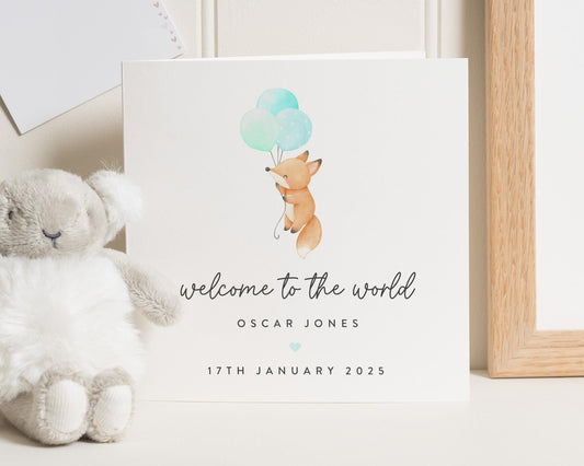 Personalised New Baby Boy Card, Congratulations New Baby Boy, Welcome To The World Card, Fox Baby Card Personalised, Baby Shower Gift