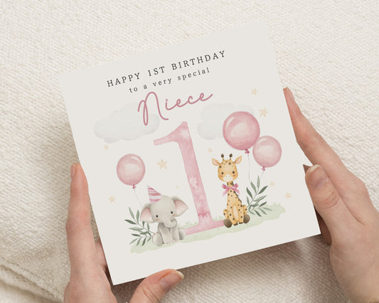 1st Birthday Card for Niece, First Birthday Card, Niece Birthday Card, Birthday Card for Girl, Personalised Safari Animal Card