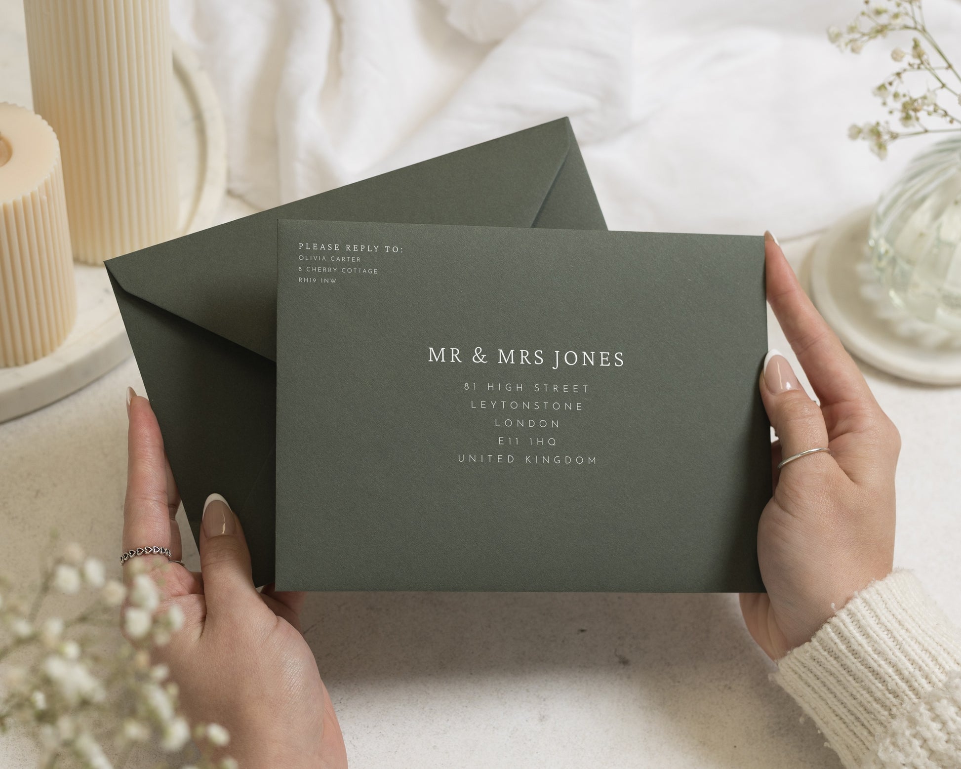 Forest Green Envelopes with White Ink Guest or Return Address Printing, C6, 5x7 or C5 Wedding Invitation Envelopes (Olive)