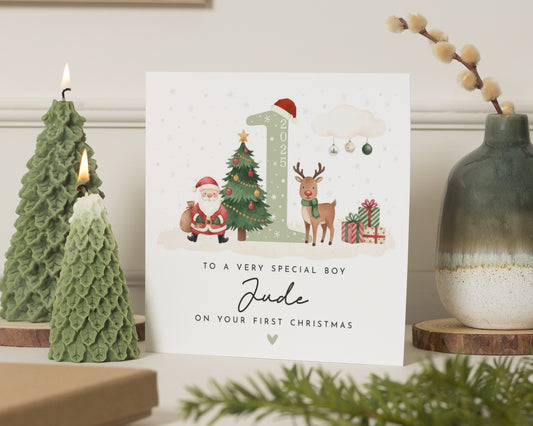 First Christmas Card for Boy, Personalised 1st Christmas Card, Baby Boy Christmas Card, Santa and Reindeer Card, Special Boy Christmas