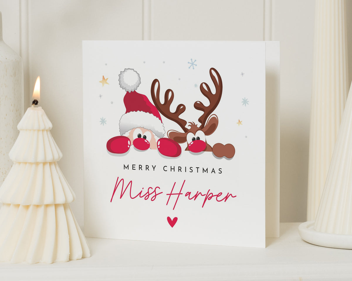 Personalised Christmas Card for Teacher, Teacher Christmas Card, Christmas Card for Teacher, Santa and Reindeer Christmas Card