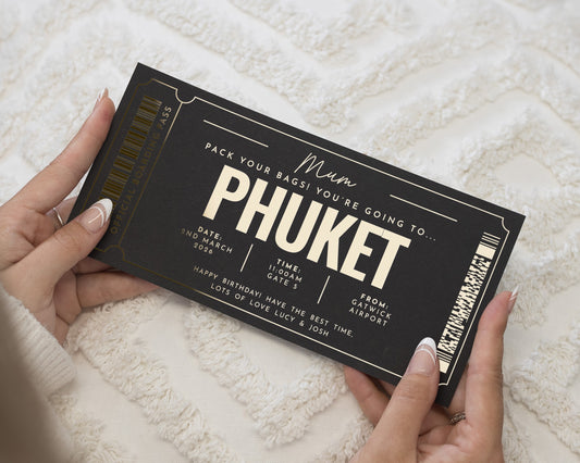 Personalised Holiday Reveal Ticket, Phuket Gift Voucher for Mum, Scratch to Reveal, Birthday Surprise, Gold Foil, Travel Gift