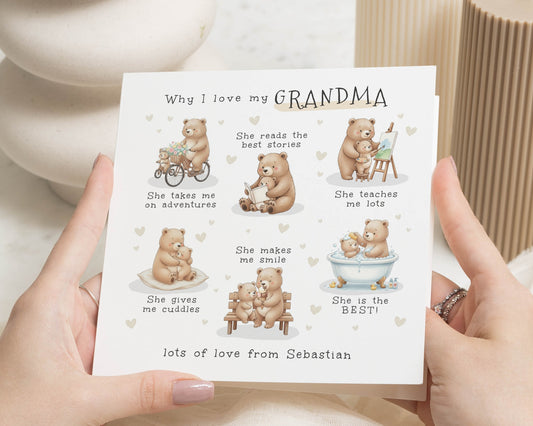 Why I Love My Grandma Card, Personalised Grandma Card, Cute Bear Card, Birthday Card for Grandma