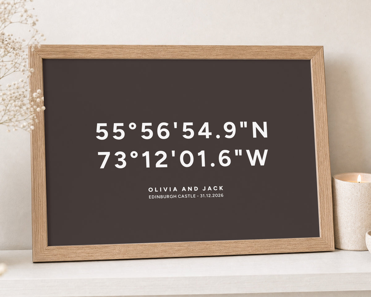 Personalised Coordinates Print, Dark Brown Wall Art, Custom Location Print, Wedding Gift for Couple, Anniversary Gift