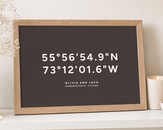 Personalised Coordinates Print, Dark Brown Wall Art, Custom Location Print, Wedding Gift for Couple, Anniversary Gift