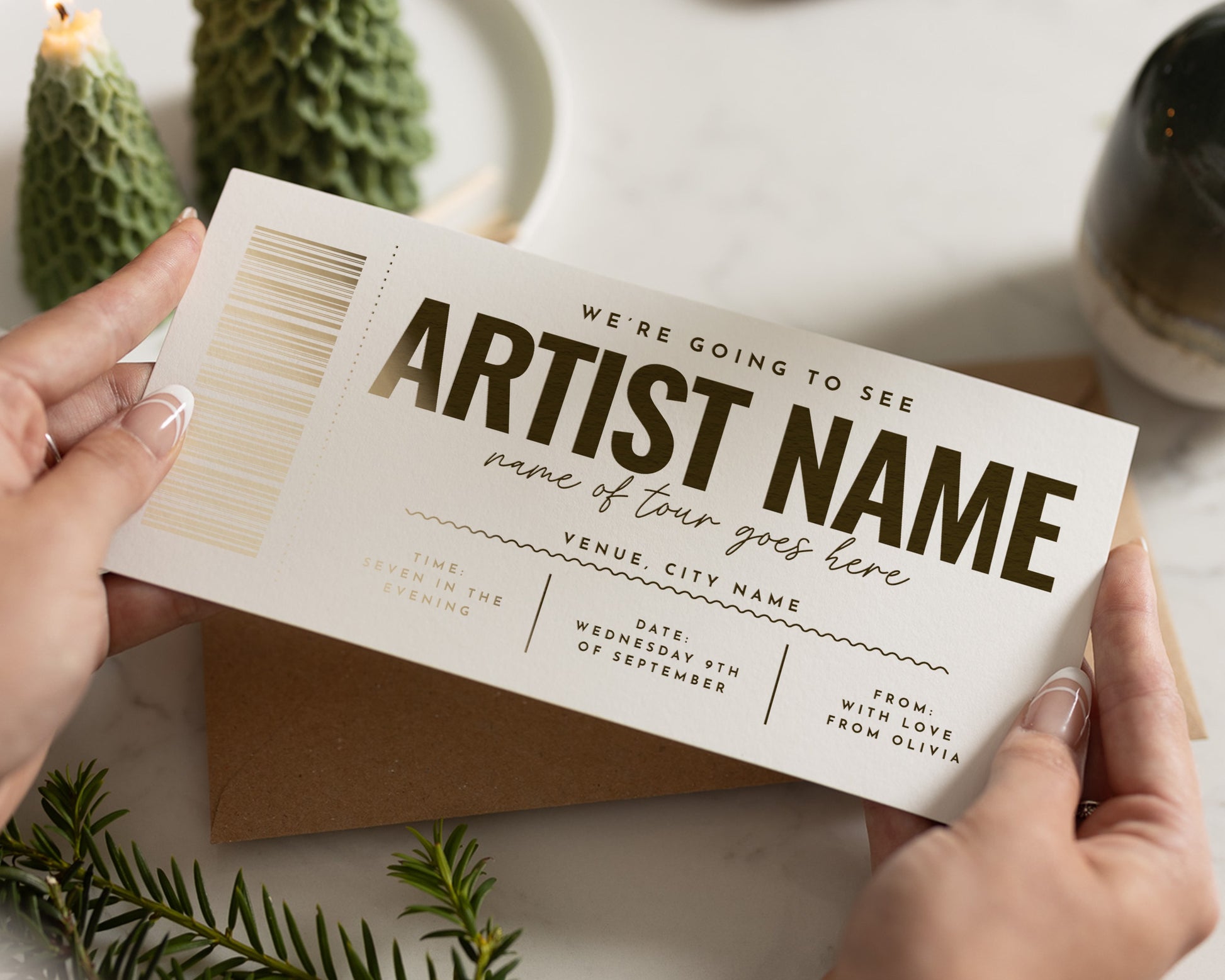Personalised Concert Ticket Gift, Gold Foil Gift Voucher, Custom Music Event Ticket, Gift For Friend, Birthday Gift For Her