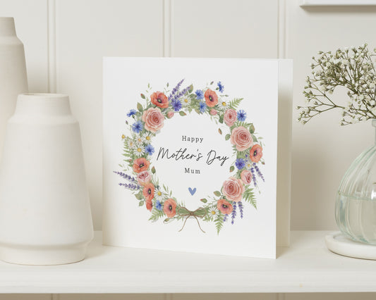 Mother's Day Card for Mum, Floral Mother's Day Card, Happy Mother's Day Card, Personalised Card for Mum, Flower Wreath Card