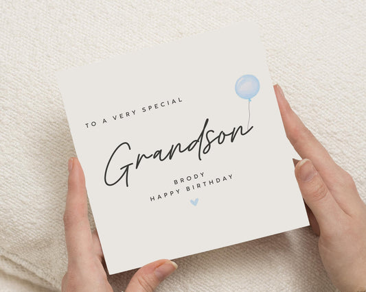 Birthday Card for Grandson, Grandson Birthday Card, Personalised Birthday Card, Happy Birthday Card for Boy, Blue Balloon Card