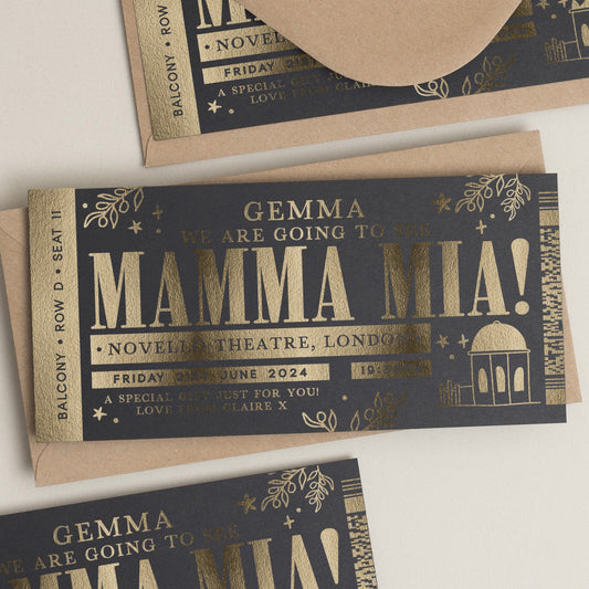 Mamma Mia Theatre Ticket, Personalised Musical Theatre Ticket, Surprise Broadway Ticket, Musical Reveal, Memorabilia Theatre Ticket