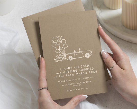 Taupe Wedding Invitations, Illustrated Wedding Car Invites, Rustic Personalised Wedding Invitation, Cute Wedding Stationery