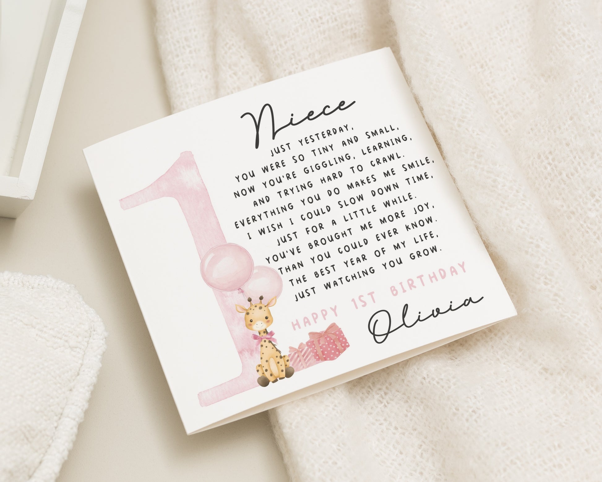 1st Birthday Card for Niece, First Birthday Card for Girl, Personalised Niece Birthday Card, Cute Giraffe Birthday Card, One Year Old Card