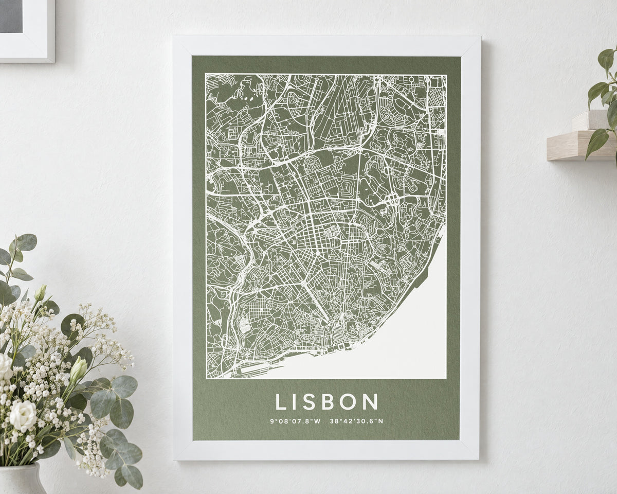 Personalised Map Print, Custom Location Map, Green Wall Art, Coordinates Print, New Home Gift, Portrait City Map, White Frame