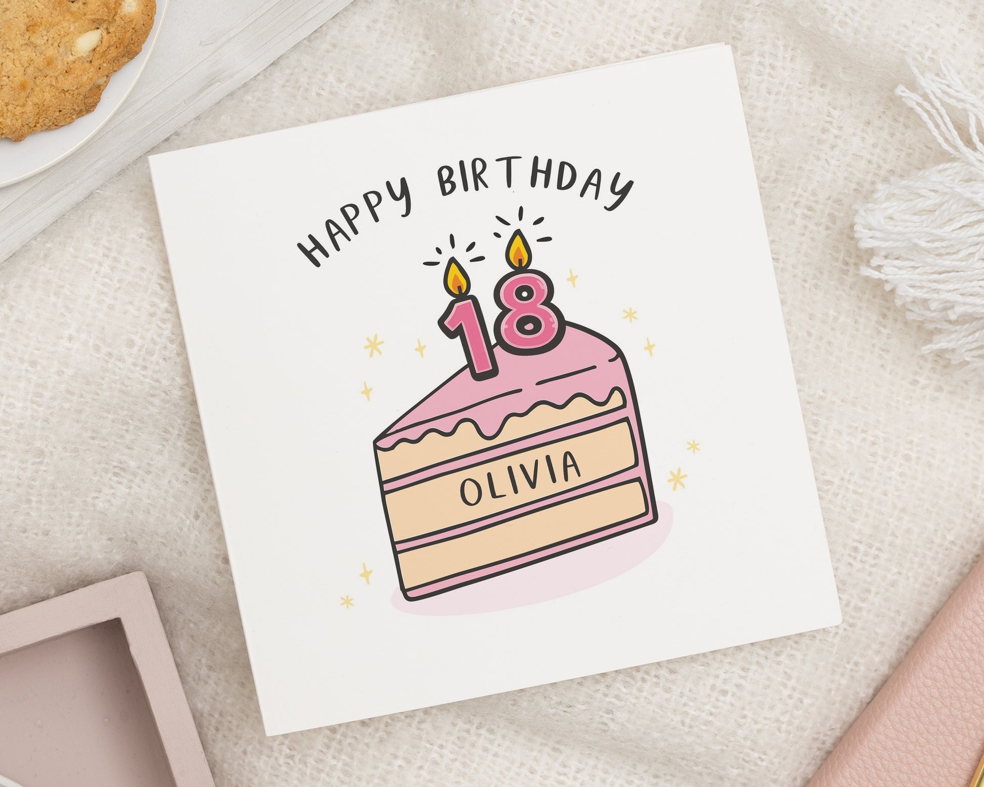 18th Birthday Card, Personalised Birthday Card, Birthday Card for Her, Custom Name Card, Cute Cake Illustration, Birthday Card for Daughter