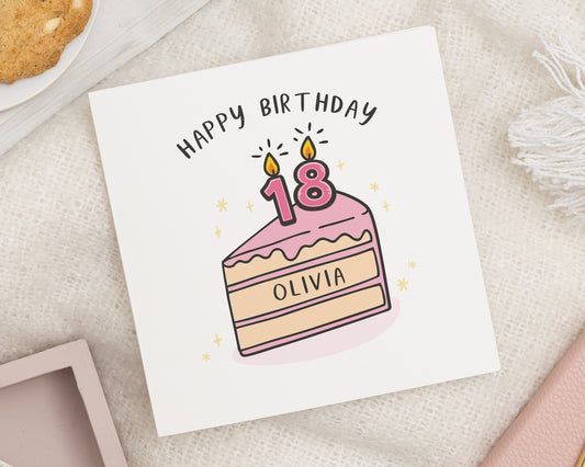 18th Birthday Card, Personalised Birthday Card, Birthday Card for Her, Custom Name Card, Cute Cake Illustration, Birthday Card for Daughter