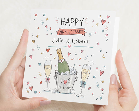 Personalised Anniversary Card, 25th Anniversary Card, Silver Wedding Anniversary Card, Anniversary Card for Couple, Champagne Card