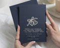 Gold Foil Wedding Invitations, Navy Blue Personalised Wedding Invite, Heart Charm Illustration, Romantic Handwritten Stationery