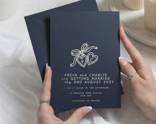 Gold Foil Wedding Invitations, Navy Blue Personalised Wedding Invite, Heart Charm Illustration, Romantic Handwritten Stationery
