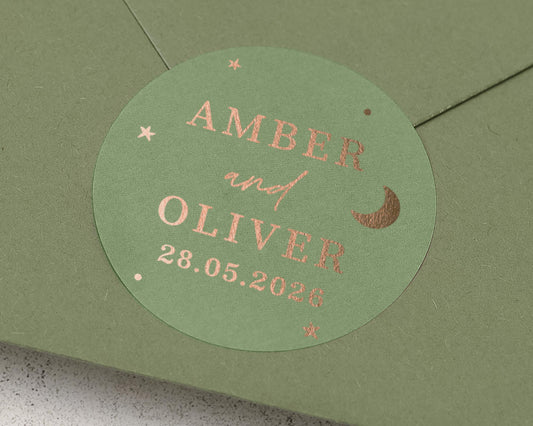 Personalised Wedding Envelope Seal, Custom Foil Sticker, Wedding Sticker, Rose Gold Seal, Name and Date Sticker, Green Envelope Label