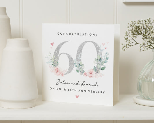 60th Anniversary Card, Personalised Anniversary Card, Floral Anniversary Card, Custom Anniversary Card, Diamond Wedding Card