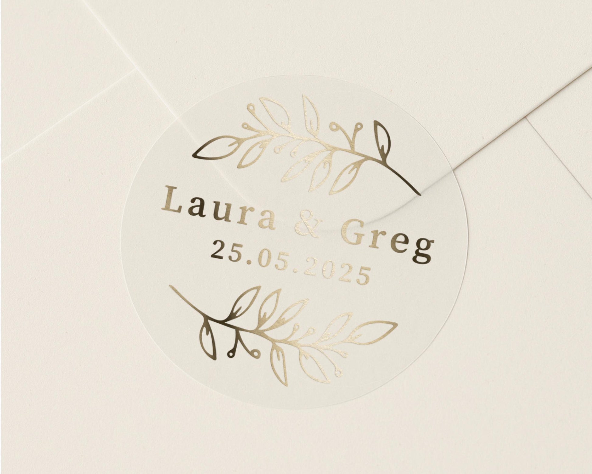 Personalised Wedding Sticker, Gold Foil Wedding Label, Custom Name Date Sticker, Envelope Seal, Wedding Favour Sticker