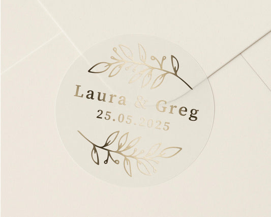 Personalised Wedding Sticker, Gold Foil Wedding Label, Custom Name Date Sticker, Envelope Seal, Wedding Favour Sticker