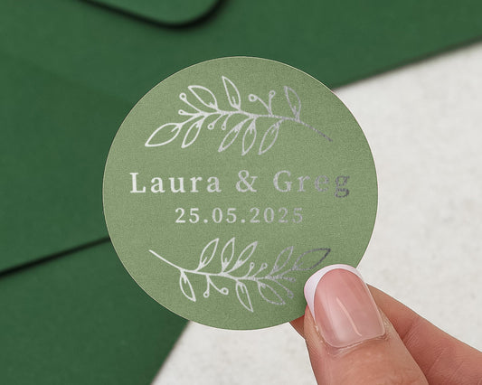 Personalised Wedding Sticker, Silver Foil Wedding Envelope Seal, Custom Name Date Sticker, Green Wedding Label, Foliage Wedding Sticker