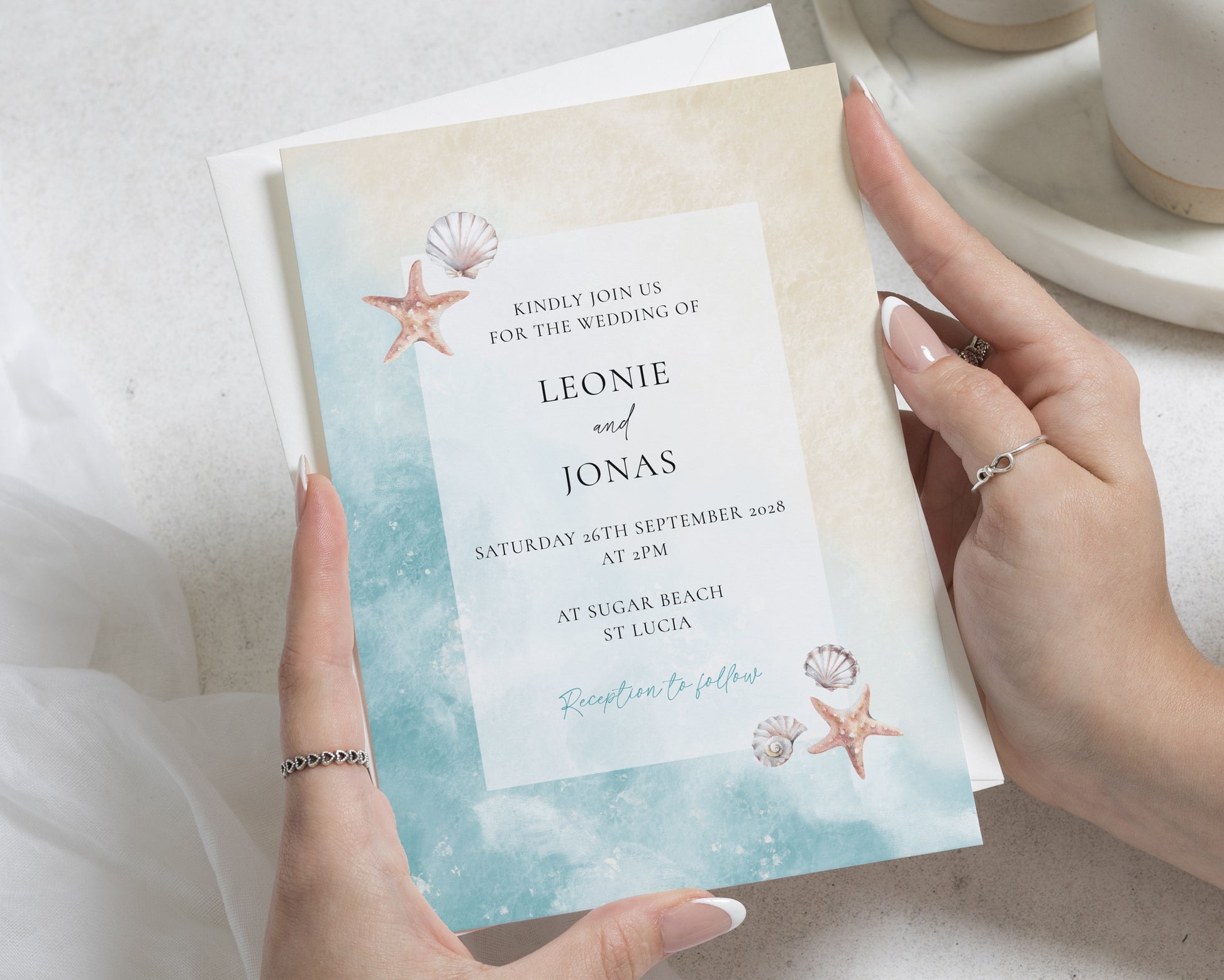 Beach Wedding Invitations, Destination Wedding Invites, Seashell Starfish Wedding Stationery, Blue Watercolour Invitation Suite