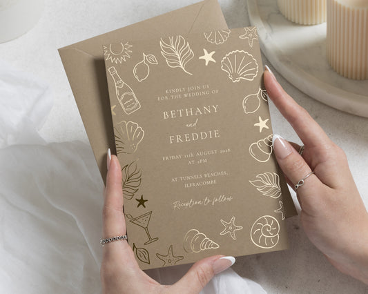 Gold Foil Beach Wedding Invitations, Coastal Shell Wedding Invite, Taupe Destination Wedding Invitation, Personalised Foil Wedding Invites