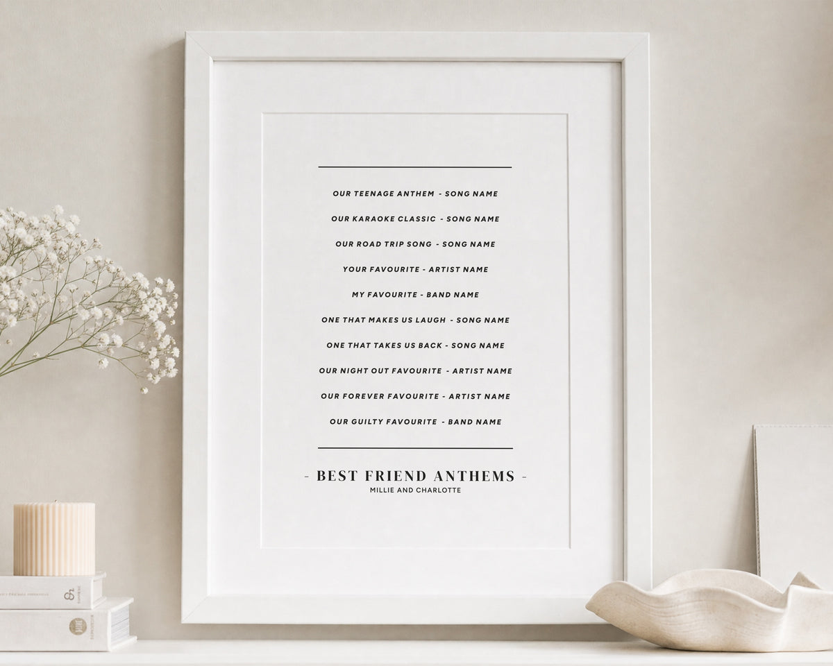 Personalised Best Friend Song Print, Custom Music Wall Art, Best Friend Gift, Friendship Gift, Birthday Gift, White Framed Print