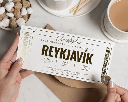 Personalised Holiday Reveal Ticket, Reykjavik Scratch To Reveal Gift Voucher, Gold Foil Boarding Pass