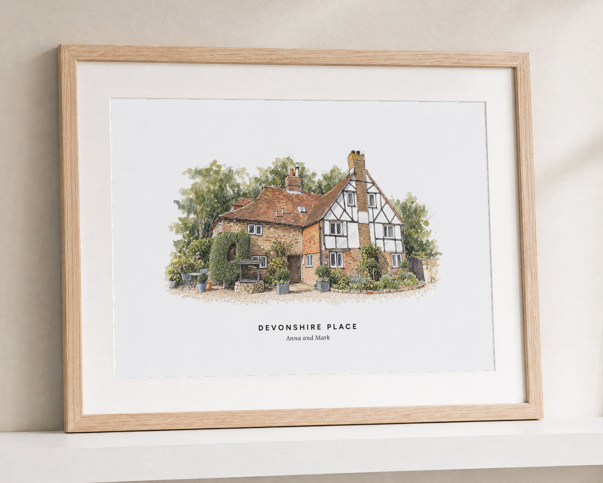 Personalised House Portrait Print, Custom Home Illustration, New Home Gift, House Warming Gift, Watercolour Wall Art, Oak Framed Print