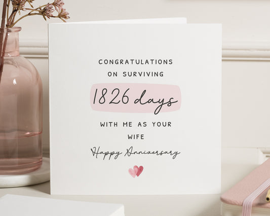 Anniversary Card for Wife, Funny Anniversary Card, Surviving Marriage Card, 5th Anniversary Card, Personalised Anniversary Card