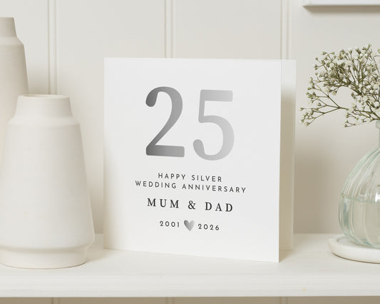25th Wedding Anniversary Card, Silver Anniversary Card, Mum and Dad Anniversary Card, Personalised 25th Anniversary Card