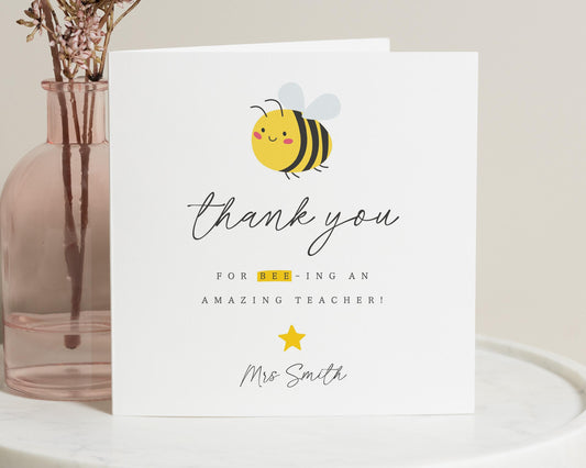 Thank You Teacher Card, Bee Thank You Card, Personalised Teacher Card, End Of Term Card, Cute Thank You Card For Teacher