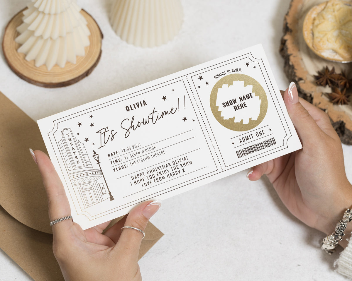 Theatre Gift Voucher, Scratch to Reveal Ticket, Personalised Theatre Ticket, Show Ticket Gift, Christmas Gift Voucher for Her