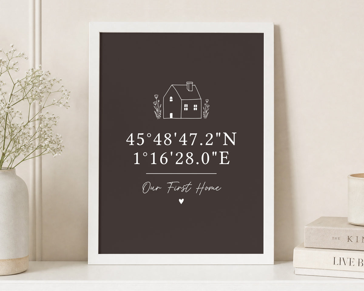 Personalised Coordinates Print, Our First Home Print, Brown Wall Art, New Home Gift, House Warming Gift, Location Wall Art