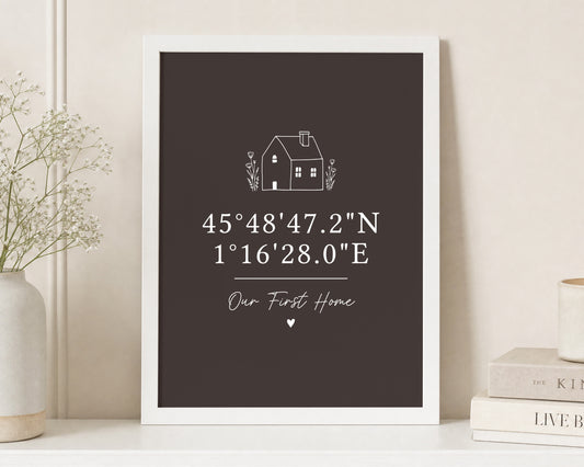 Personalised Coordinates Print, Our First Home Print, Brown Wall Art, New Home Gift, House Warming Gift, Location Wall Art