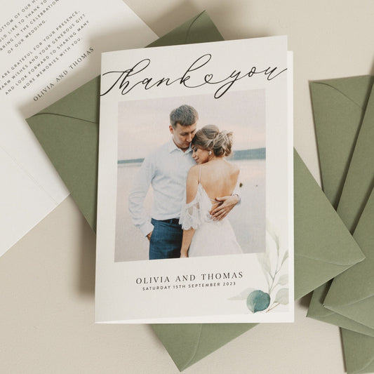 Wedding Thank You Cards With Photo And Greenery, Simple Thank You Wedding Pack With Photo, Botanical Photo Thank You With Envelopes