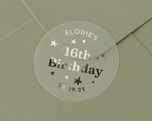 16th Birthday Sticker, Personalised Birthday Sticker, Birthday Envelope Seal, Custom Birthday Label, Gold Foil Birthday Sticker