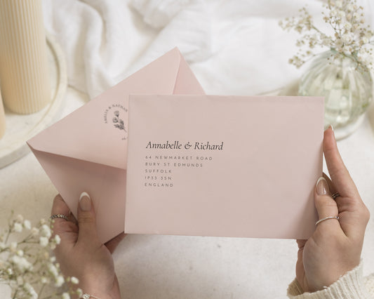 Blush Pink Envelopes with Guest or Return Address Printing, C6, 5x7 or C5 Printed Wedding Invitation Envelopes (Blossom)