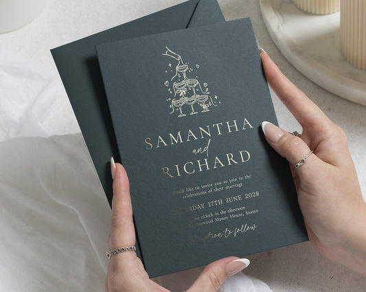 Gold Foil Wedding Invitations, Champagne Tower Wedding Invite, Deep Green Luxury Invitation, Elegant Celebration Wedding Stationery