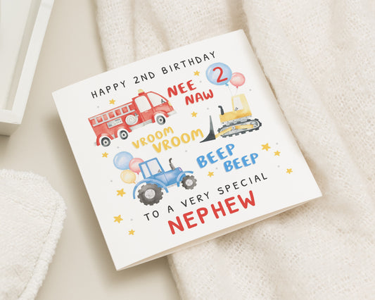 2nd Birthday Card for Nephew, Second Birthday Card for Boy, Boys Birthday Card, Vehicle Birthday Card, Digger Tractor Card, Transport Card