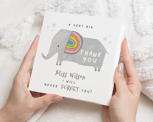 Thank You Card for Teacher, Elephant Thank You Card, Personalised Thank You Card, Cute Animal Card, Thank You Card for Miss, Rainbow Card