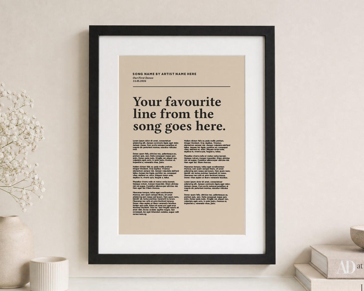 Personalised Song Lyric Print, First Dance Wedding Gift, Beige Wall Art, Anniversary Gift for Couple, Bedroom Wall Art
