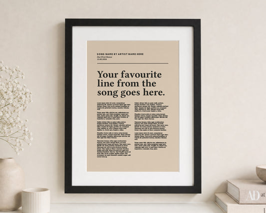 Personalised Song Lyric Print, First Dance Wedding Gift, Beige Wall Art, Anniversary Gift for Couple, Bedroom Wall Art