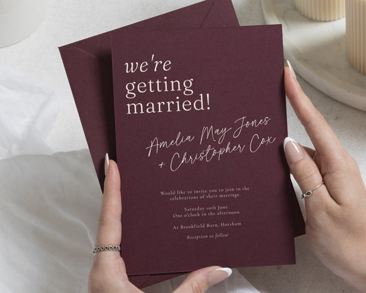 Burgundy Wedding Invitations, Simple Typography Wedding Invites, Elegant Calligraphy, Personalised Wine Red Invitation Suite