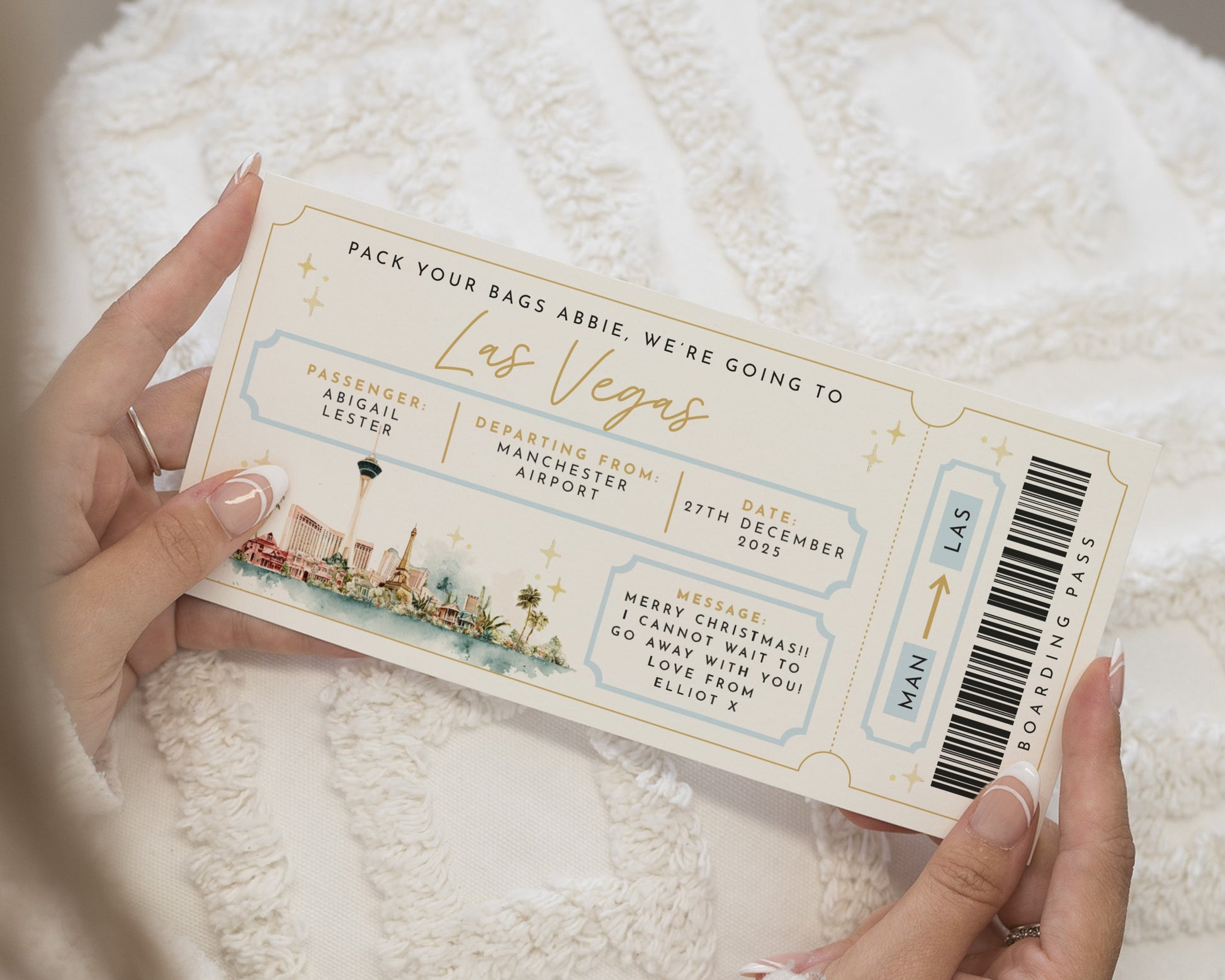 Personalised Las Vegas Gift Voucher, Pack Your Bags Holiday Reveal, Custom Boarding Pass, Surprise Trip Ticket for Her