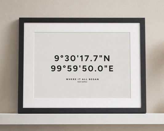 Personalised Coordinates Print, White Wall Art, Where It All Began Print, Location Gift, Anniversary Gift, Black Framed Print