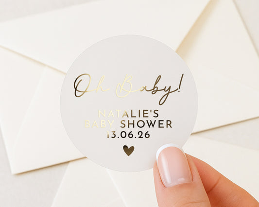 Oh Baby Baby Shower Sticker, Personalised Baby Shower Label, Gold Foil Baby Shower Sticker, Custom Baby Shower Envelope Seal
